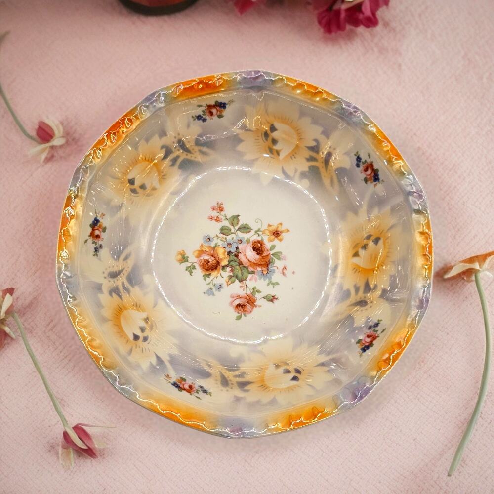 Vintage Bavarian Lusterware Floral Serving Bowl Iridescent Decorative Dish